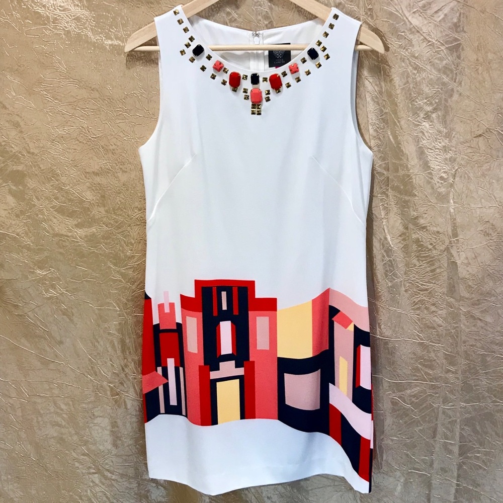 Vince Camuto Printed Shift Dress Embellished Neck